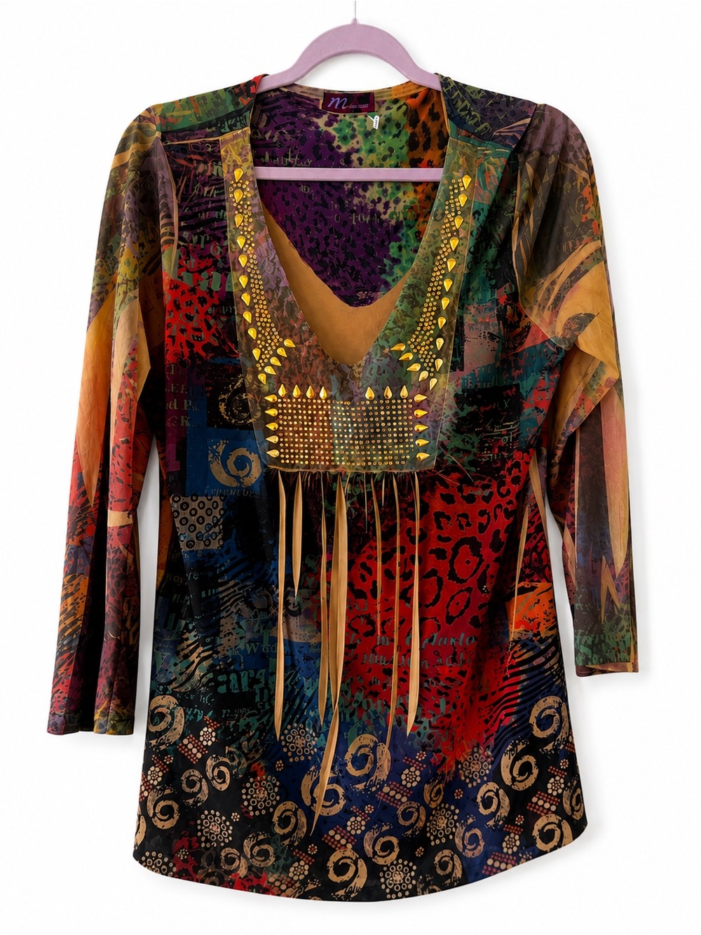 M by Amour Embellished Mixed Print Tunic Top | Size XL | Boho